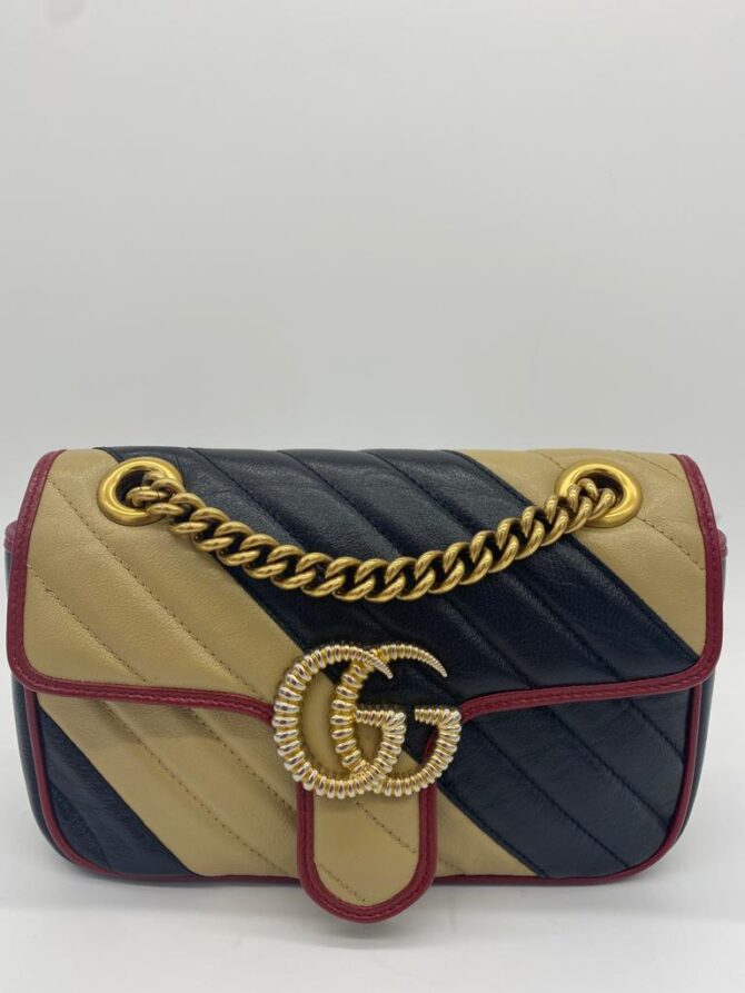 Gucci Black/Beige Diagonal Quilt Leather GG Marmont Torchon Shoulder Bag