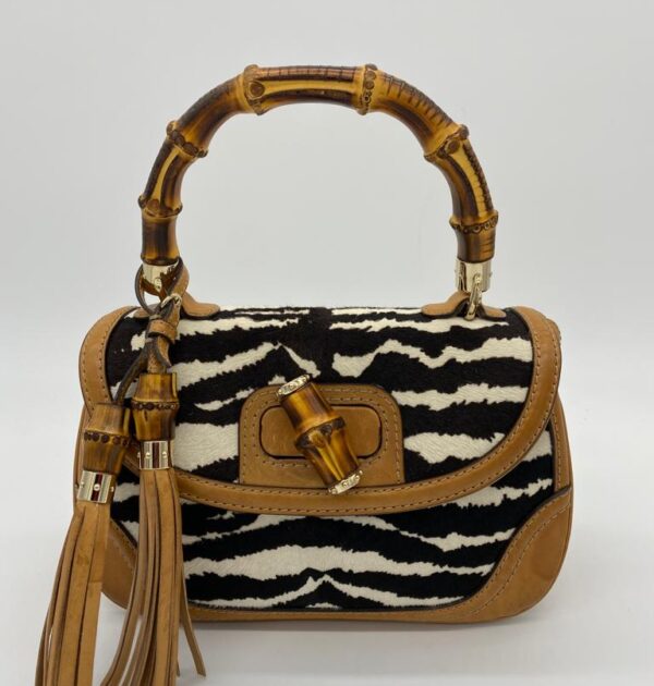 Gucci Brown Zebra Calf Hair And Leather Bamboo Top Handle Bag