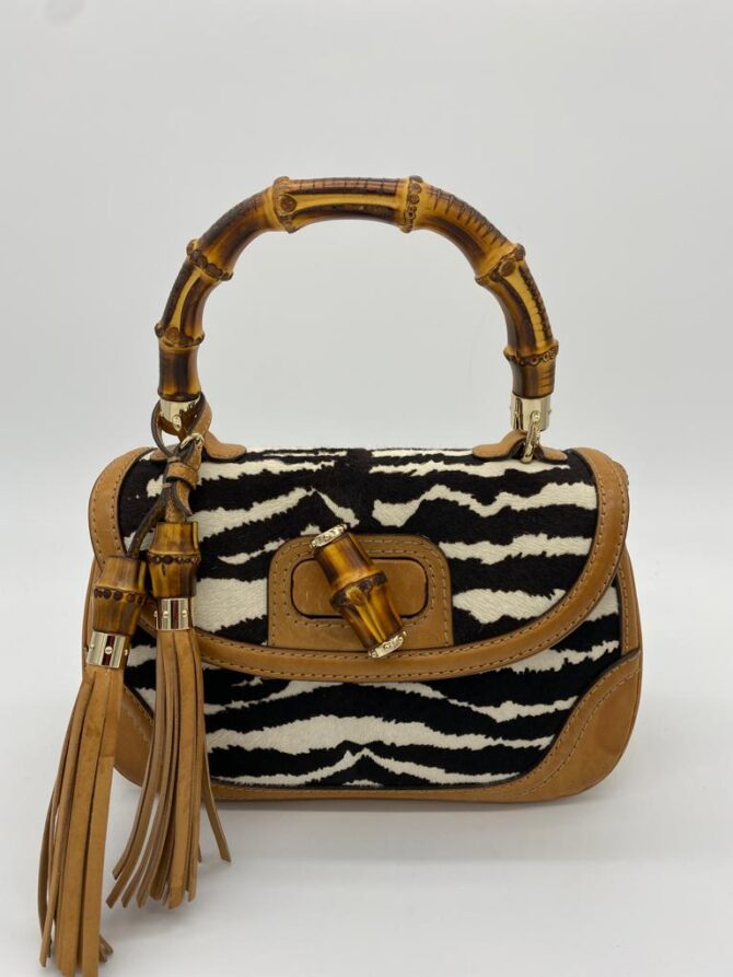 Gucci Brown Zebra Calf Hair And Leather Bamboo Top Handle Bag