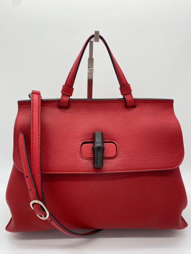 Gucci Red Leather Medium Bamboo Daily Top Handle Bag 